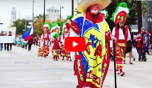 Azteca and Mayan cultures unite as Mexican congregants join in a major procession through downtown Houston every year in veneration to the Virin of Guadalupe.