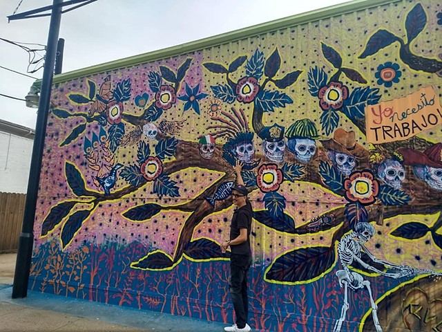 Gentrification mural and Arbol de muerte. Artist Angel Quesada. A mural by Angel Quesada that addresses gentrification in the East End at Morales Funeral Home.