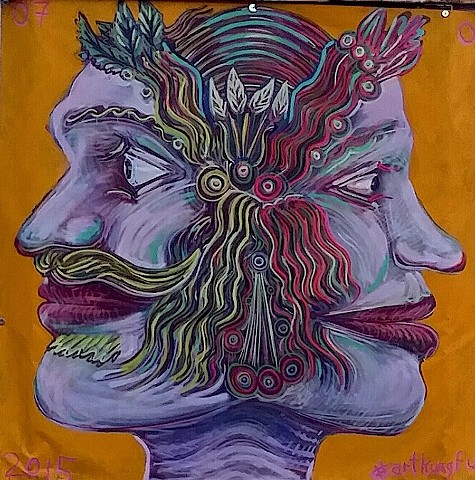 Janus head, Street art mural by Angel Quesada. Created for a gallery in South Houston.