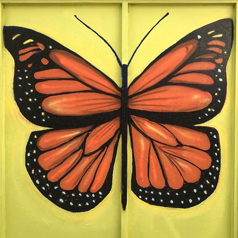 Butterfly mural in Houston, Tx.  Gentrification mural and Arbol de muerte. Artist Angel Quesada. A mural by Angel Quesada that addresses gentrification in the East End at Morales Funeral Home.