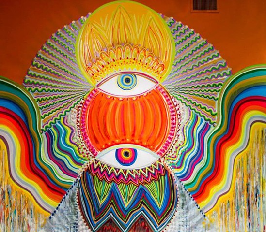 Holy art, spiritual art, energy art in Houston Street art. Colorful art inside a The Station Museum of Contemporary Art.