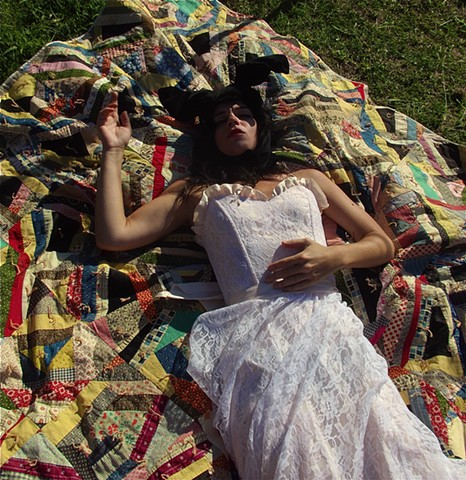 bunny lady on quilt