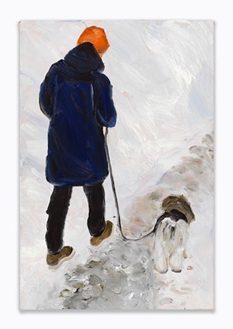 Man Walking a Dog in the Snow, Gwendolyn Zabicki, painting, artist, Chicago