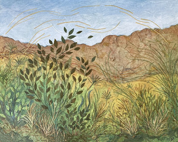 Happy dancing plants blowing in the wind landscape on wood panel by Victoria Alexander Marquez