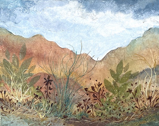 Golden hillside landscape with colorful, textural plants by Victoria Alexander Marquez