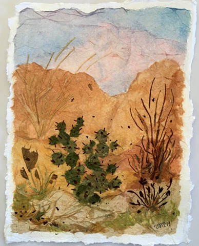 Happy cactus mixed media landscape, 12"x9", on 100% cotton rag paper by Victoria Alexander Marquez