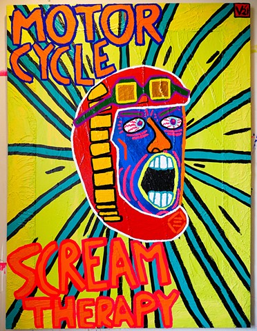Painting of a blue faced man in a red helmet with purple goggles screaming.