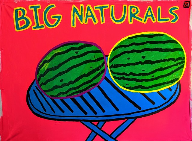 Portrait of two watermelons on a blue table with a pink background by self taught artist Charlie Visconage