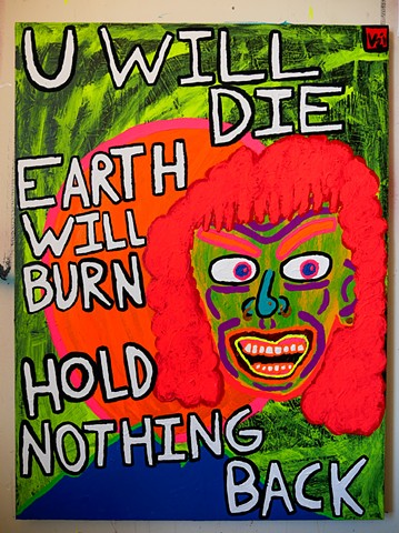Painting of red haired woman with a green background, red sun, and blue mountain by self taught artist Charlie Visconage