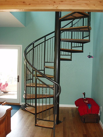 Custom Spiral Stairs and Balcony Rail / Forged Steel with Custom Wood Treads