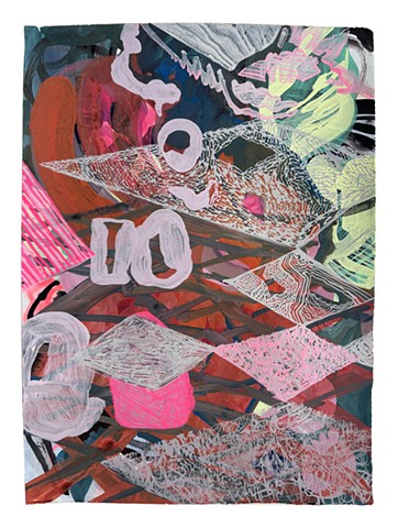 abstract artwork focused on the raspy furred texture and horizontal diamond pattern of a palm tree's trunk.