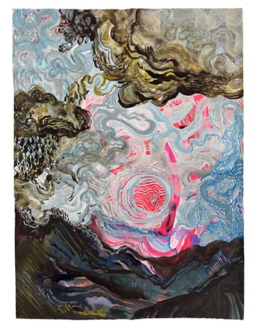 hypnotic sky of snaking clouds over a fluorescent pink concentric marbling; mountain landscape curves along the bottom edge and curves gently up at lower corners. Brooding frissant of energy.