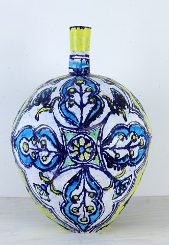 Large Turquoise, Yellow and Pale Green Flower Bottle