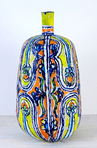 Large Yellow, Red & Turquoise Face Bottle