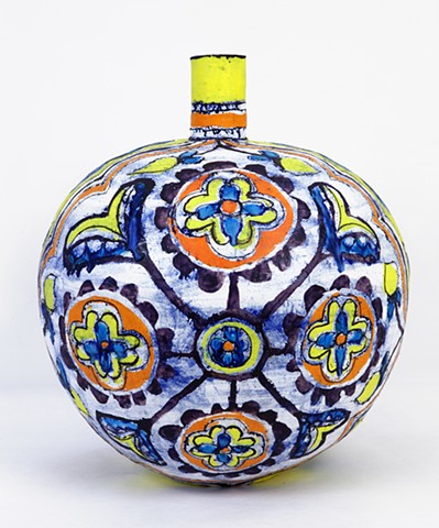 Large Red, Yellow and Blue Round Flower Bottle