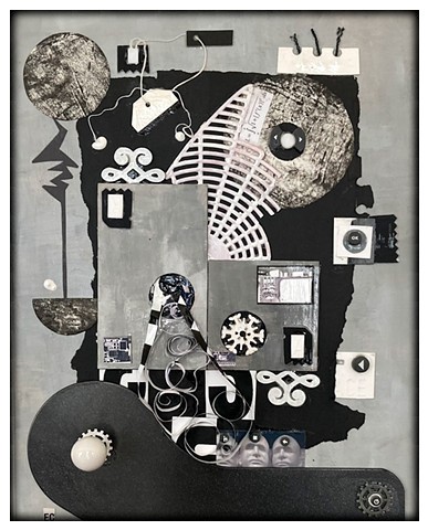 Circle Machine, Mixed Media and Found Objects on Cradled Board by Emily Cammarata.