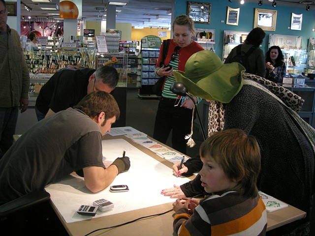 Performance view of Pen-do-Chronology #1, Flax Art store, San Francisco, CA
