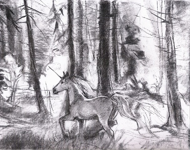 aimee kuester animal natural story fairy tale la charcoal pastel for sale drawing art artwork unicorn horse forest magic magical the last unicorn sketch concept regal beautiful animals beautiful for sale aimee artist