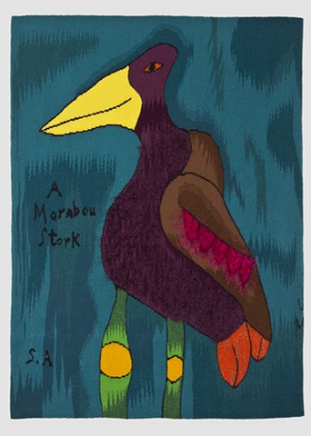 "Saul Alegria's 'A Marabou Stork'" is a handwoven tapestry of wool, rayon, on cotton. 20in. x 30 in. 