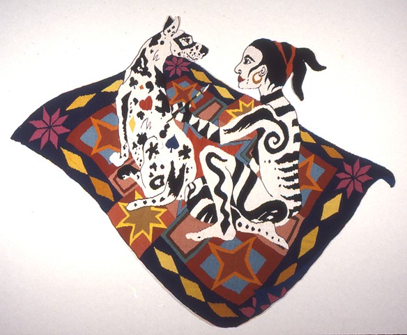 "Las Dos Koshares" is a shaped, handwoven tapestry of wool on cotton. 54 in. x 65 in. 
