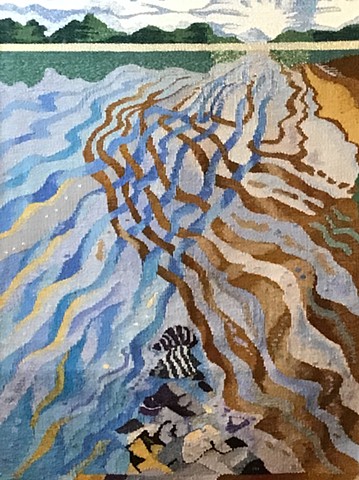 "Confluence" is a handwoven tapestry of wool and lurex, on cotton. 23 in. x 27 in. 
