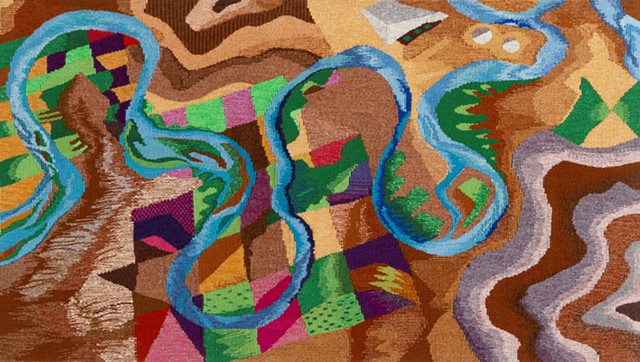 "What Fair Land Is This?" is a handwoven tapestry of wool on cotton, 41 in. x 23.25 in.