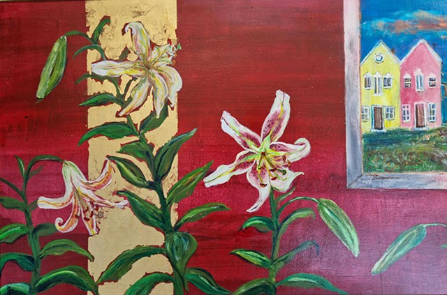 lilies medieval style red and gold leaf window to contemporary world