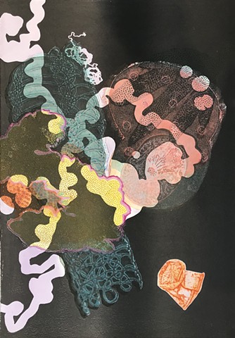 Multi-color collagraphic print, one of a kind, Female artist, Belfast, Maine
