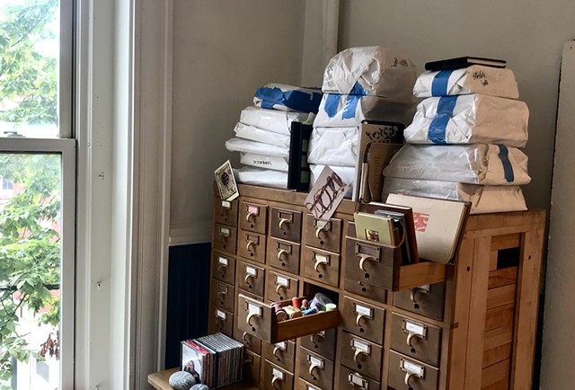 Sketchbooks and materials cabinet