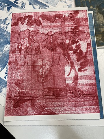 Pile of Collagraph prints made while AIR at Saltgrass Printmakers