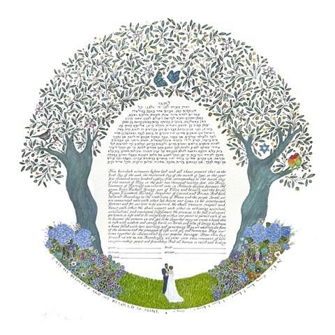 BLUE HYDRANGEAS OLIVE TREES CUSTOM KETUBAH