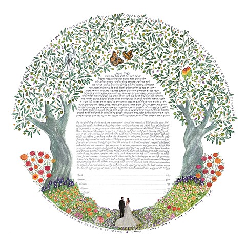 LOVE BIRDS OLIVE TREES CUSTOM KETUBAH