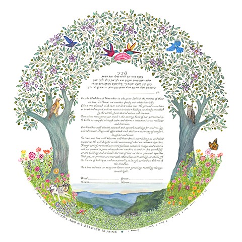 3 Dogs Olive Tree Circle Custom Ketubah