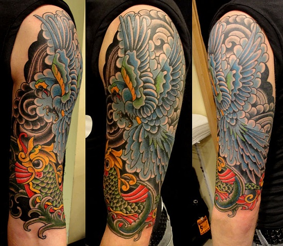 parrot and dolphin half-sleeve