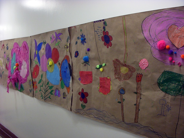 Original brown paper flower garden mural by students 