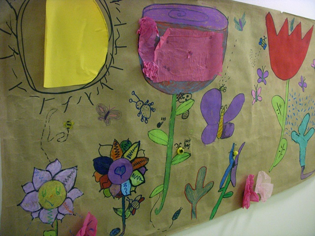 Original brown paper flower garden mural by students 