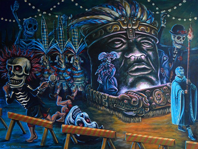 Painting of a giant olmec head in a parade