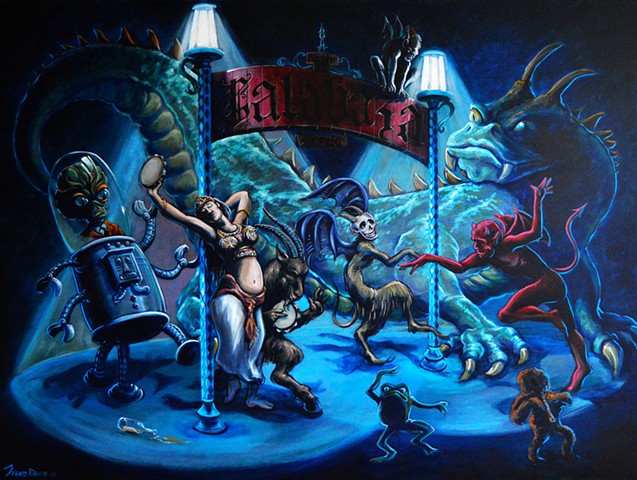 Painting of a group of demons dancing around light poles