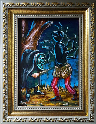 Painting of a witch casting a spell on a man turning him into a half ant