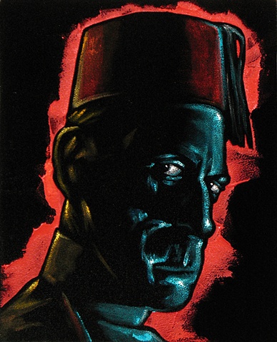 Black Velvet Painting of a sinister looking man in a fez