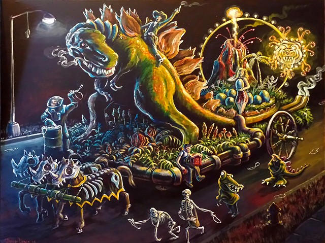 Painting of a Parade with a T-Rex