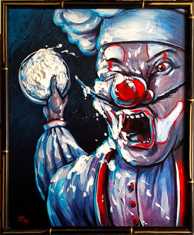 Painting of a pie throwing clown