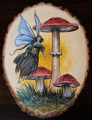 Painting of a fairy and mushrooms