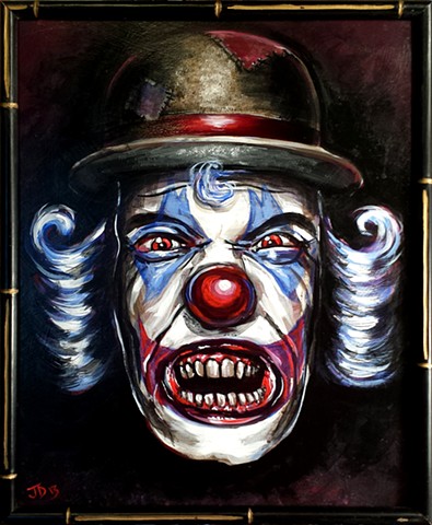 Creepy Clown Painting with bared teeth and bowler hat