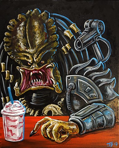 Painting of the Predator drinking a girly drink