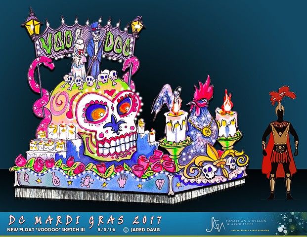 Watercolor rendering of the design for a mardi gras parade float