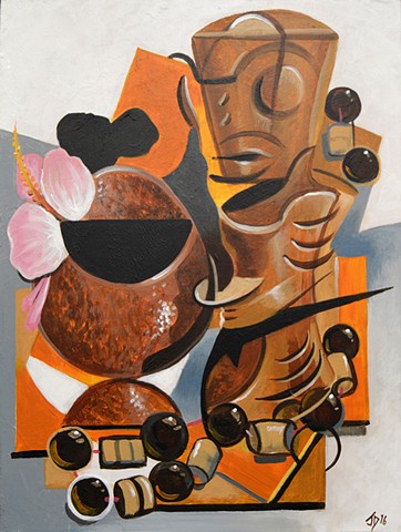 Cubist Tiki Still Life with Coconut Mug and Necklace