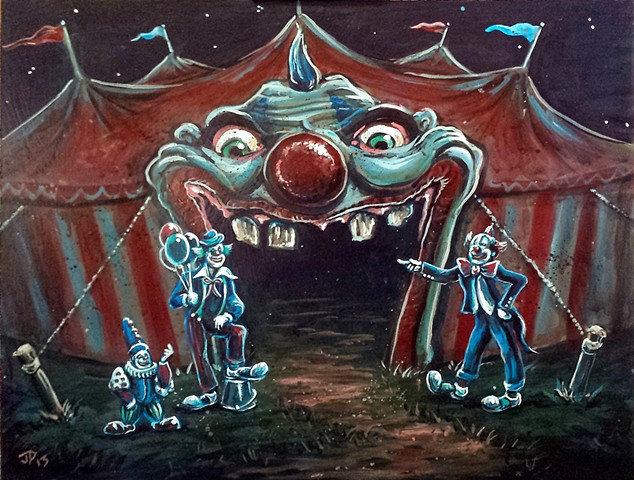 Painting of three clowns welcoming the viewer into a creepy circus tent with an evil clown portal