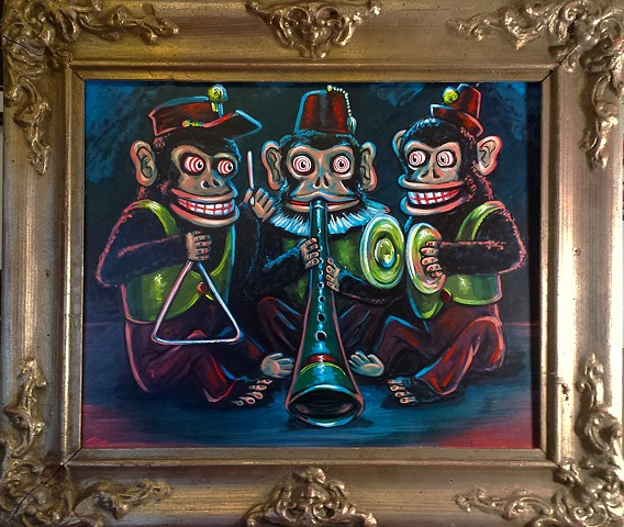 Painting of three evil clown monkey musician