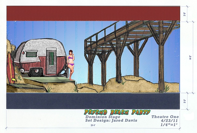Set Design for Psycho Beach Party with Shasta Trailer, Pier, Sand Dunes 